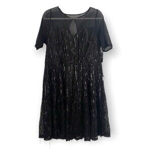 Torrid Illusion Sleeve Skater Dress Sequin Fringe Black Flapper Midi Size 28